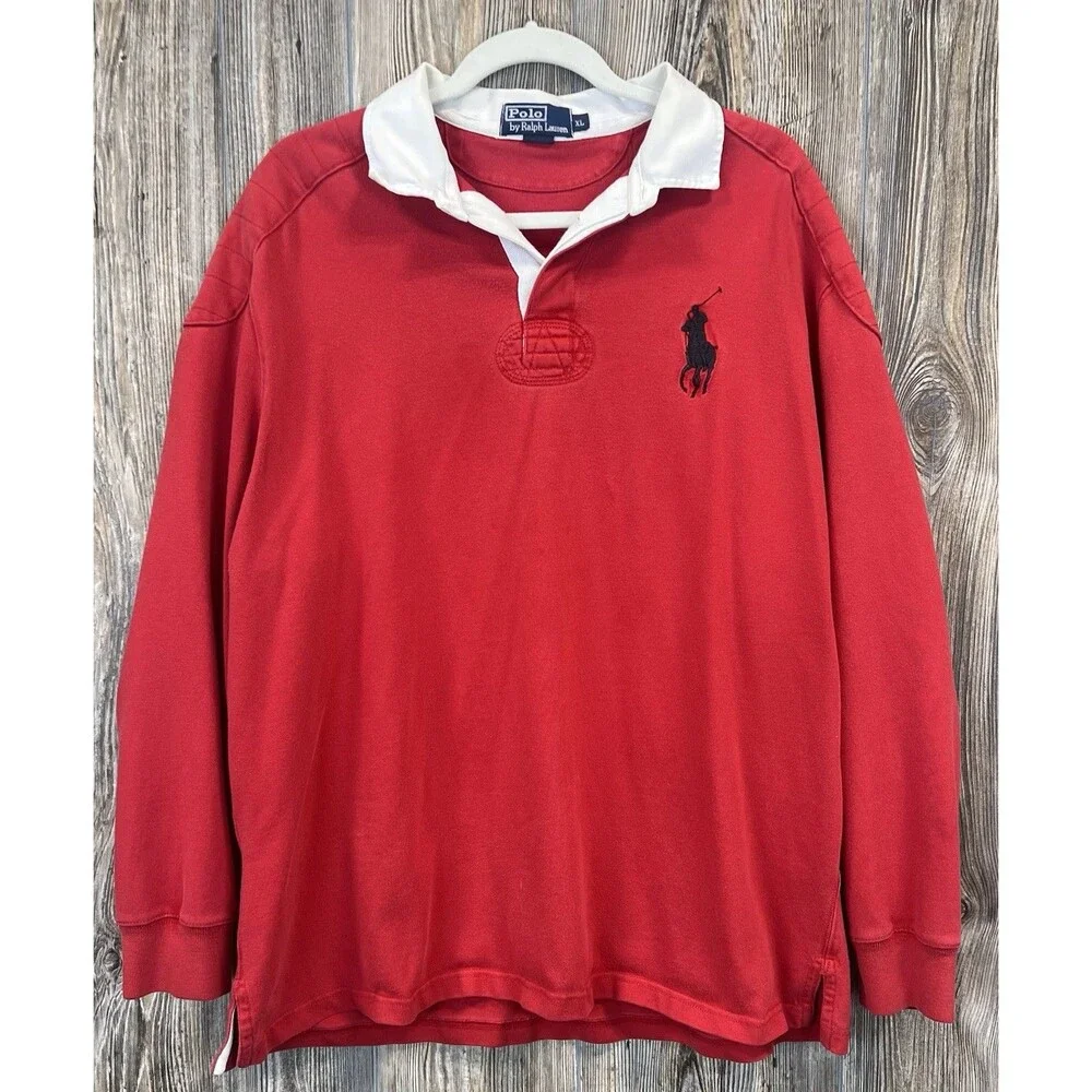 Y2K Polo by Ralph‎ Lauren Red Rugby Shirt Mens XL Old Money Big Pony Chest Logo